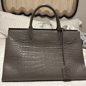 Saint Laurent Croc-Embossed Taupe Handbag